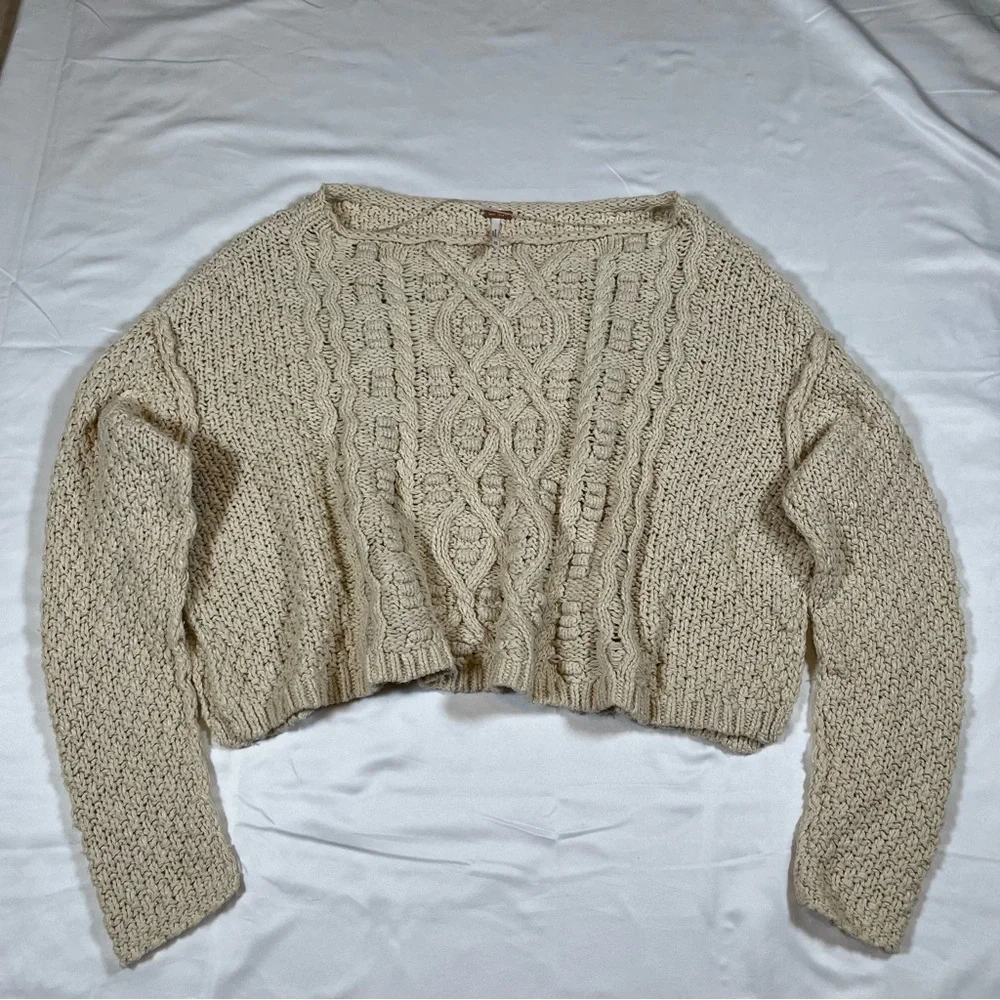 Free People Womens XS Sweater‎ Beige Cable Knit Oversized Chunky Crop